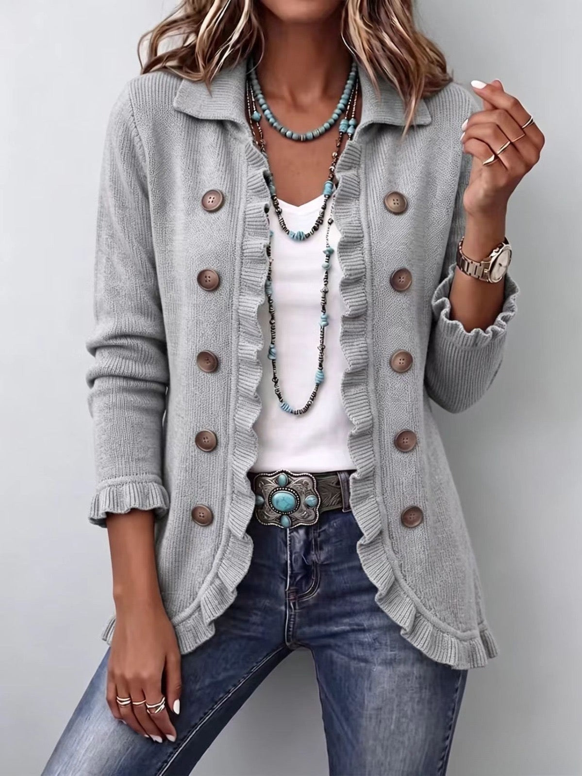 Elena™ | Chaqueta de Punto Gris Jaspeado con Volantes