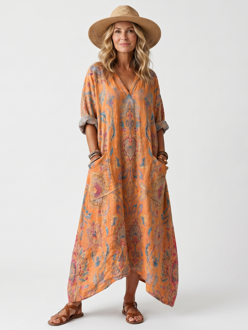 Remi™ | Vestido Midi Oversize Estampado con Cuello Muesca y Bolsillos