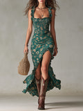 Vestido Largo Bohemio Retro en Tejido Fluido con Mangas Abullonadas y Abertura Elegante