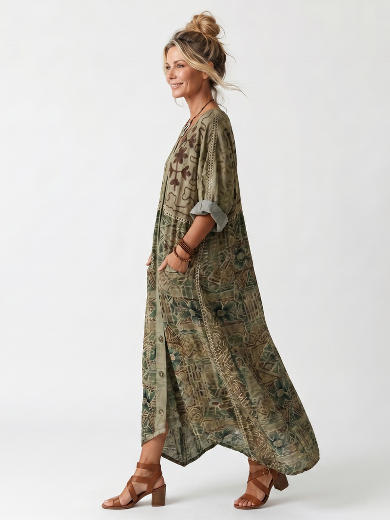 Aleta™ | Vestido Midi Oversize con Botones y Bordado