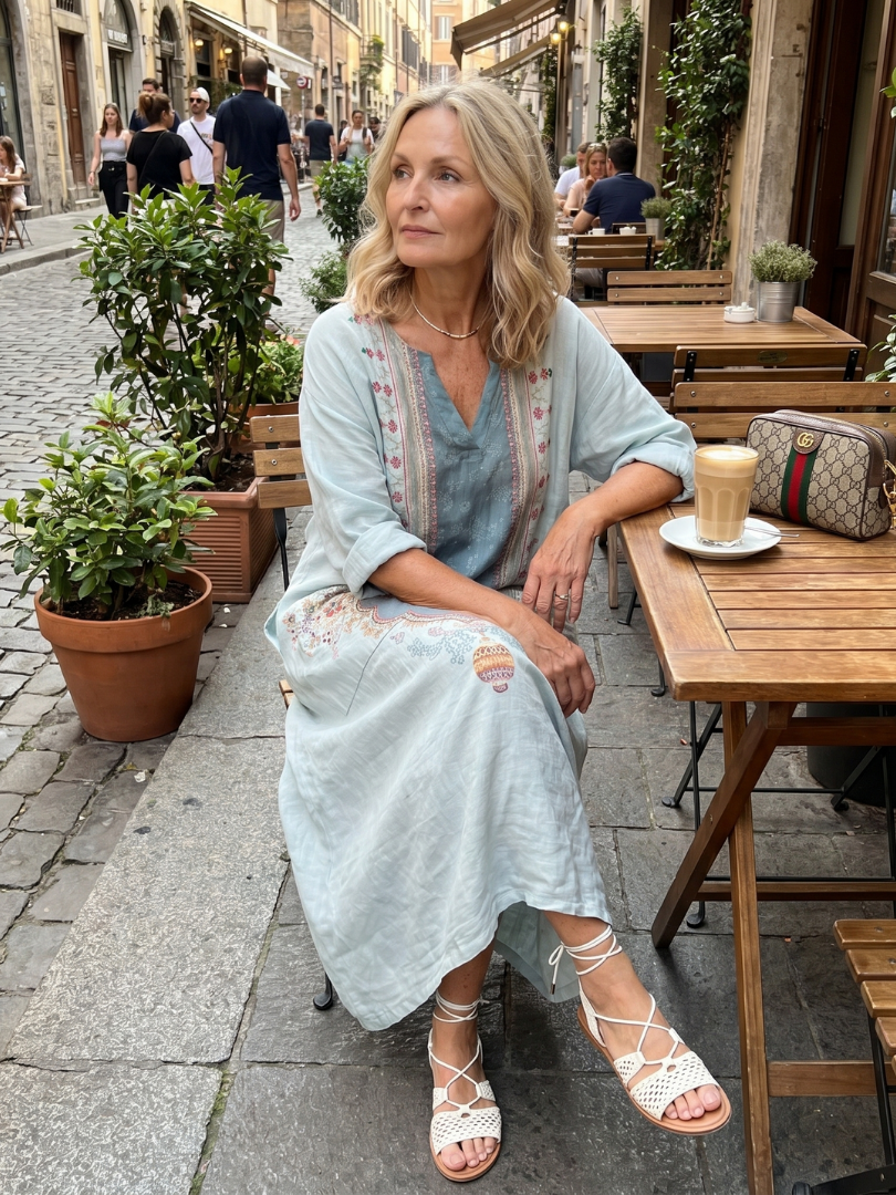 Kassiani™ | Vestido Midi Oversize con Panel Bordado Ornamental y Bolsillos