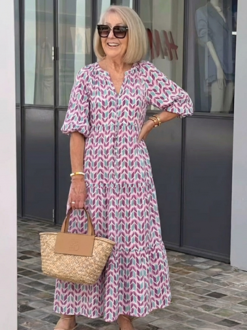 Mireya™ | Vestido Midi Escalonado de Manga Larga con Estampado Geométrico