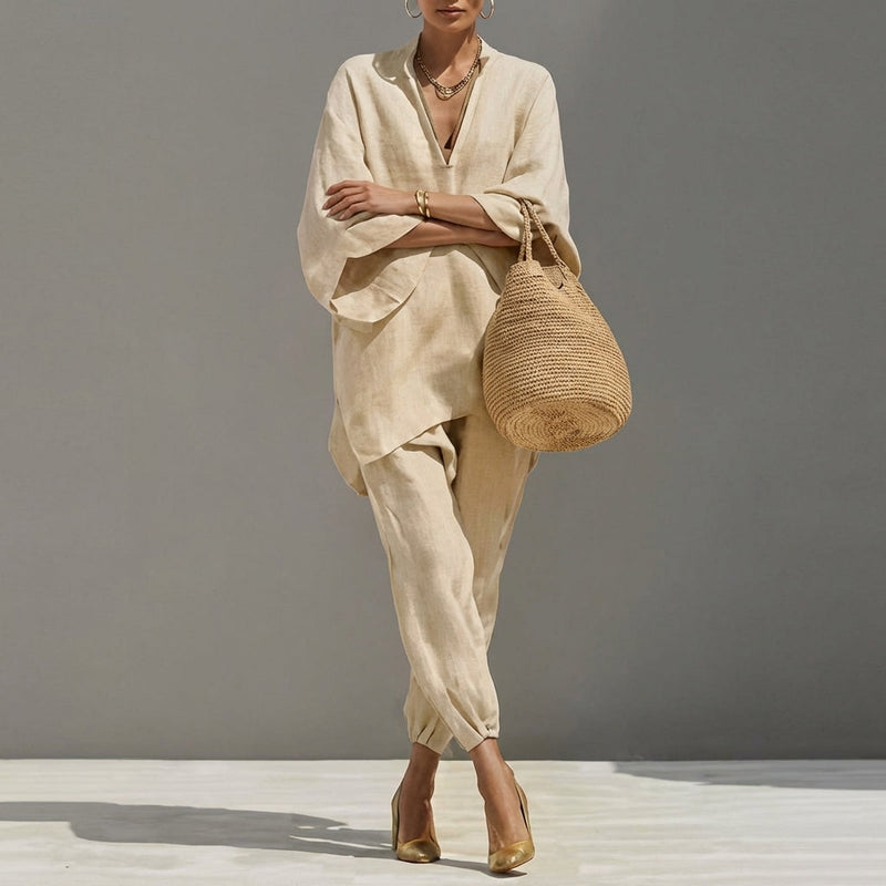 Conjunto Marina™ | Conjunto de lino con mangas murciélago y pantalón ancho