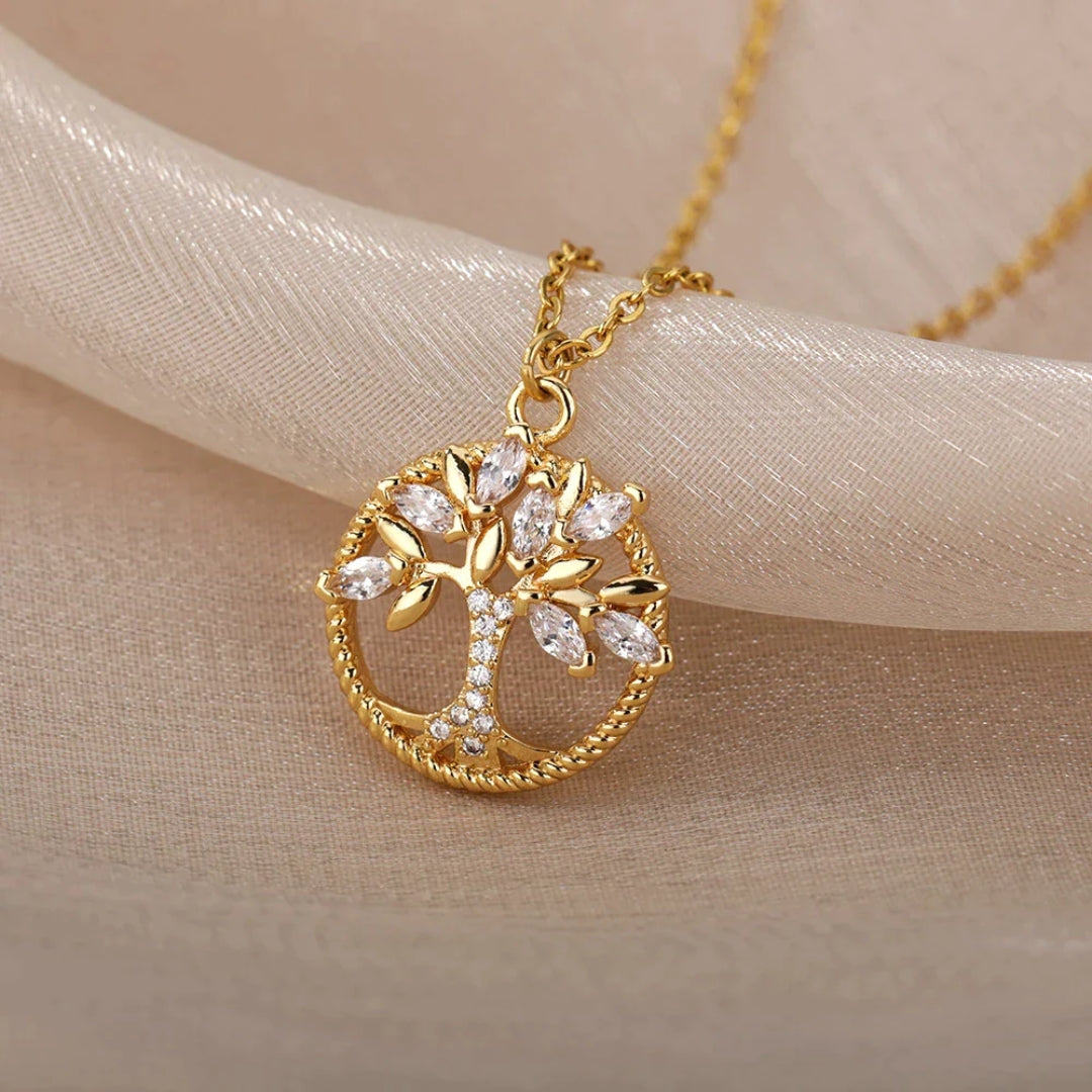 Collier avec pendentif Arbre de Vie en or avec cristaux