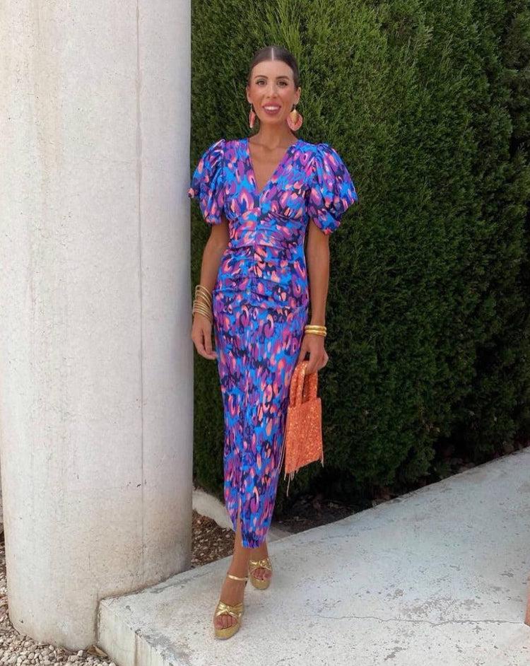 Vestido Lorena™ - Floral Midi Vibrante con Mangas Abullonadas