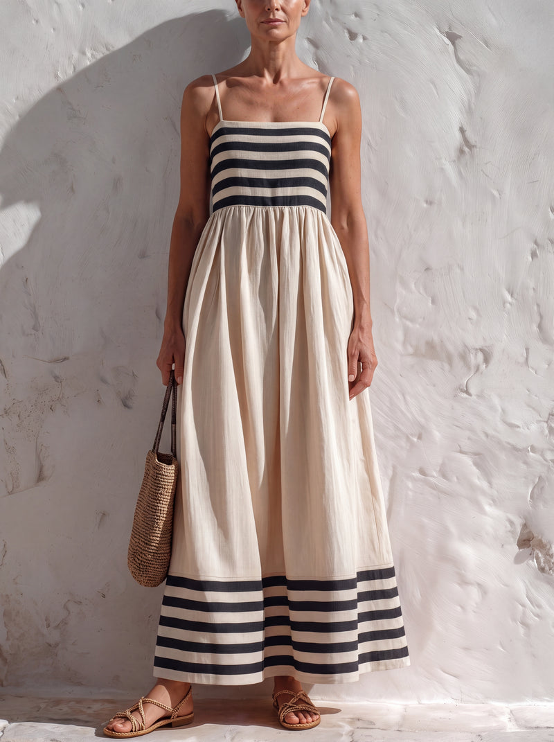 Marina™ | Vestido largo de rayas negras y beige con tirantes finos