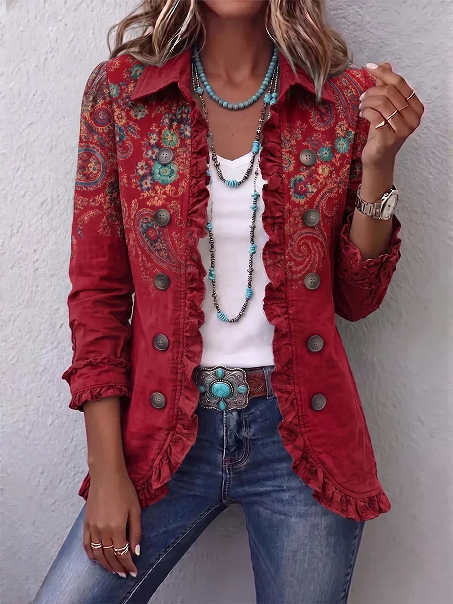 Inma™ | Chaqueta Roja con Estampado Cachemir y Volantes