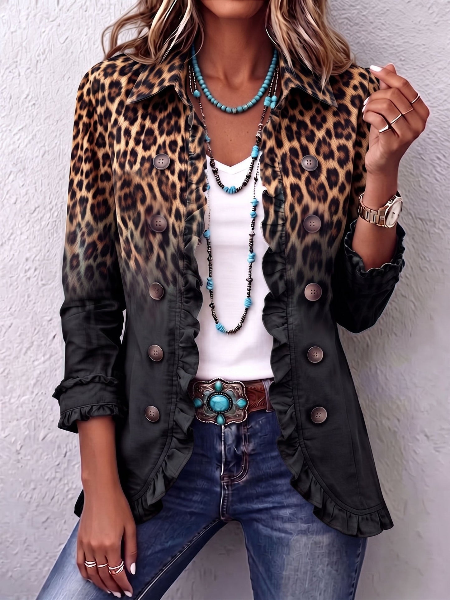 Consuelo™ | Blazer de Leopardo Negro con Volantes