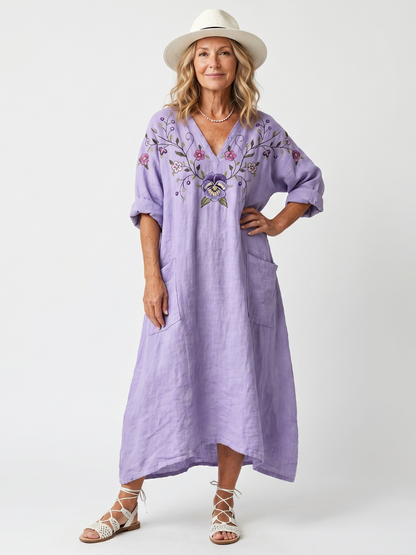 Tavi™ | Vestido Midi Oversize con Bordado Floral y Bolsillos