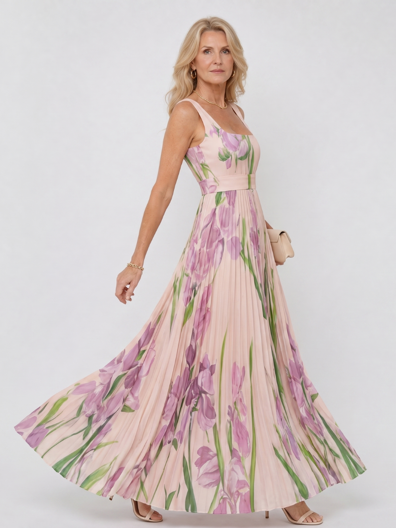 Vestido Midi Sin Mangas en Satén con Escote Cuadrado y Pliegues Elegantes