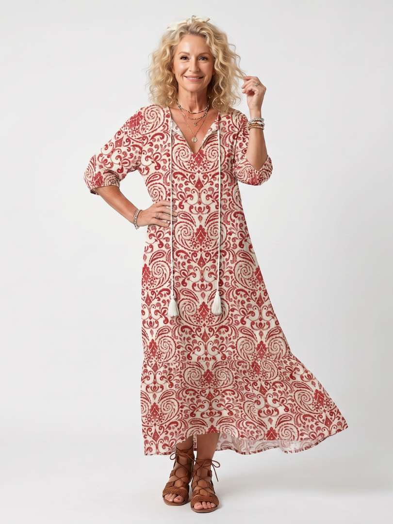 Noelle™ | Vestido Midi Ornamental con Nudo y Pompones