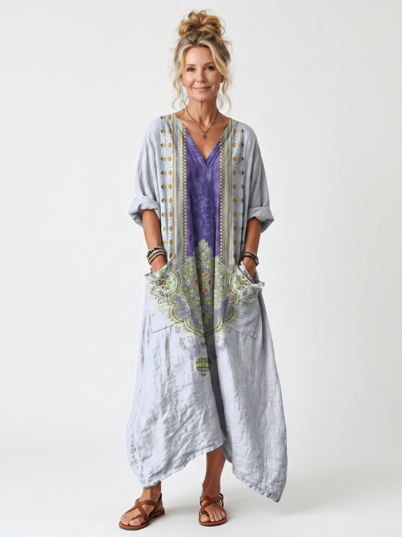Raina™ | Vestido Midi Oversize con Panel Bordado Contrastante y Bolsillos