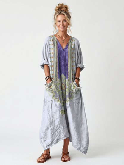 Raina™ | Vestido Midi Oversize con Panel Bordado Contrastante y Bolsillos