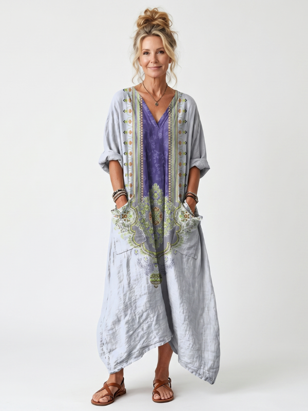 Reyes™ | Vestido Midi Oversize con Panel Bordado Contrastante y Bolsillos
