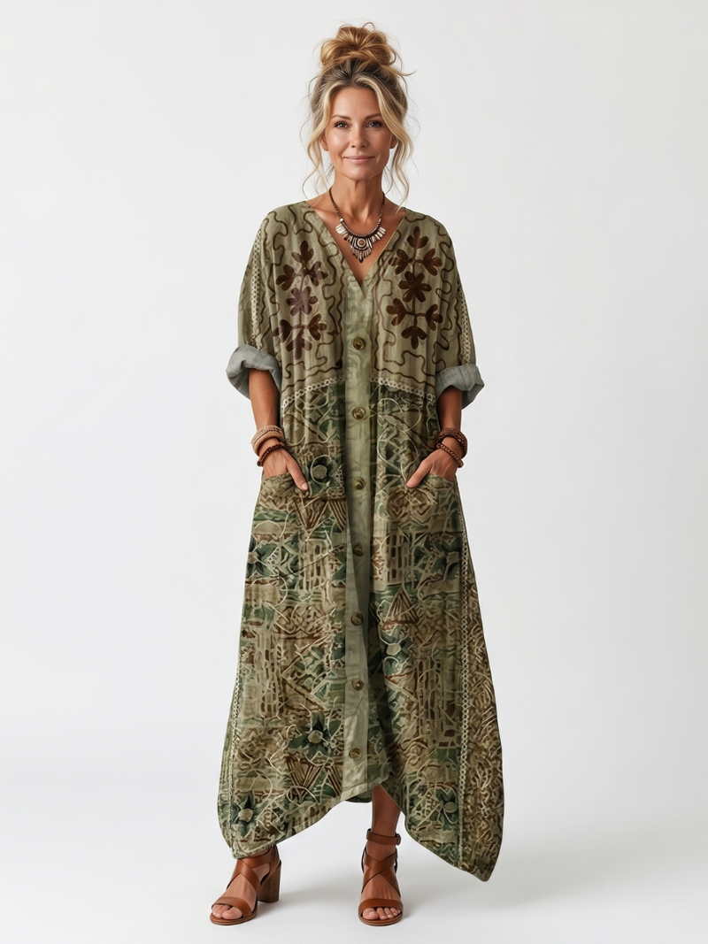 Aleta™ | Vestido Midi Oversize con Botones y Bordado