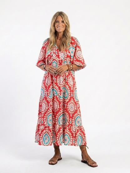 Zaria™ | Vestido Midi de Manga Corta con Estampado Cachemir