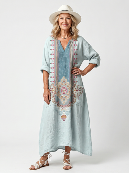 Kassiani™ | Vestido Midi Oversize con Panel Bordado Ornamental y Bolsillos