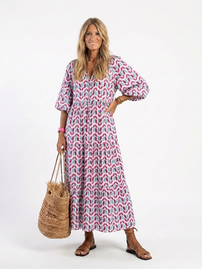 Mireya™ | Vestido Midi Escalonado de Manga Larga con Estampado Geométrico