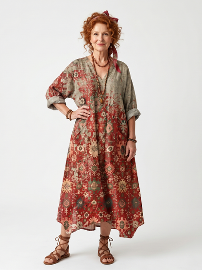 Saffron™ | Vestido Midi Relajado con Motivo Mixto y Bolsillos