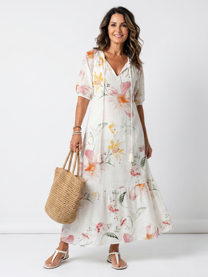 Noa™ | Vestido Midi Floral Escalonado con Nudo y Pompones