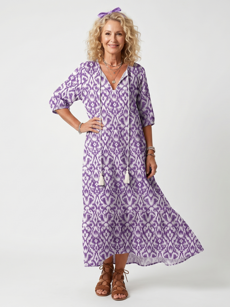Penelope™ | Vestido Midi Estampado con Nudo y Pompones