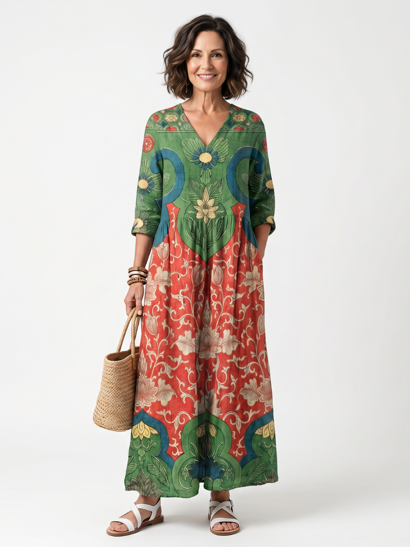 Sloane™ | Vestido Midi con Cuello en V Estampado Mixto y Bolsillos