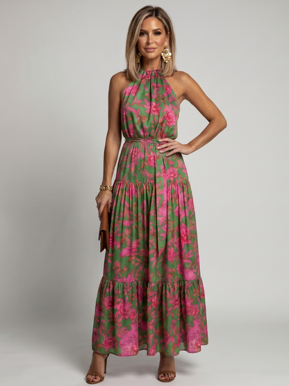 Vestido Midi Drapeado en Rosa con Escote Halter Elegante