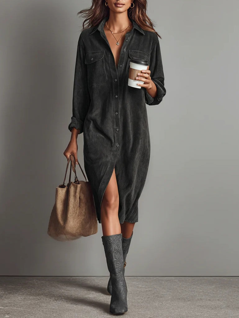 Inés™ | Vestido Midi de Pana con Bolsillos y Botón