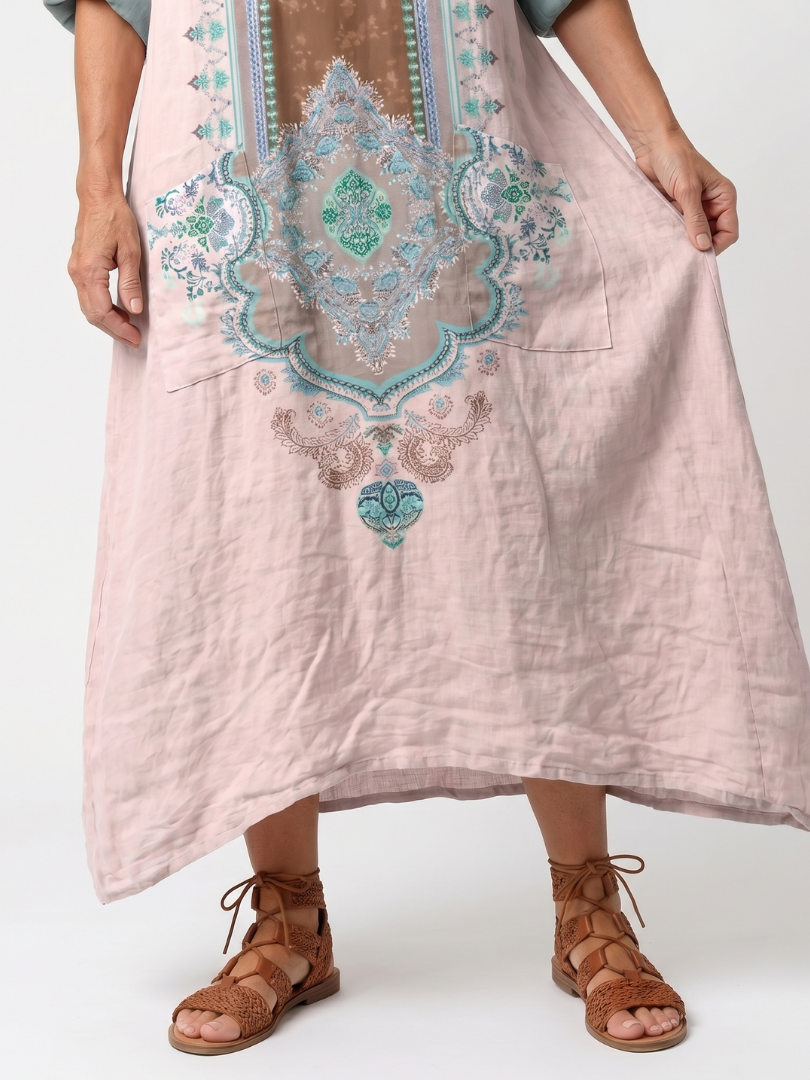 Kenza™ | Vestido Midi Relajado con Panel Bordado y Bolsillos