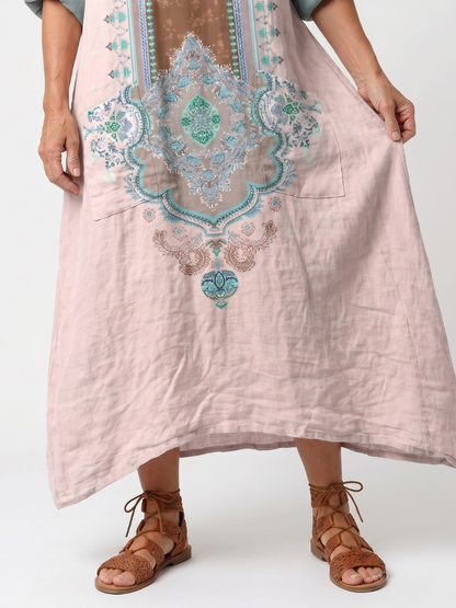 Kenza™ | Vestido Midi Relajado con Panel Bordado y Bolsillos