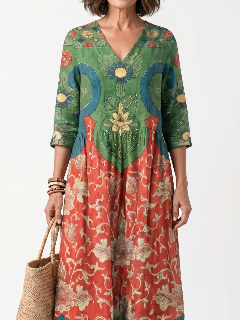 Sloane™ | Vestido Midi con Cuello en V Estampado Mixto y Bolsillos