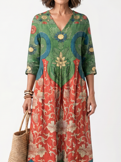 Sloane™ | Vestido Midi con Cuello en V Estampado Mixto y Bolsillos