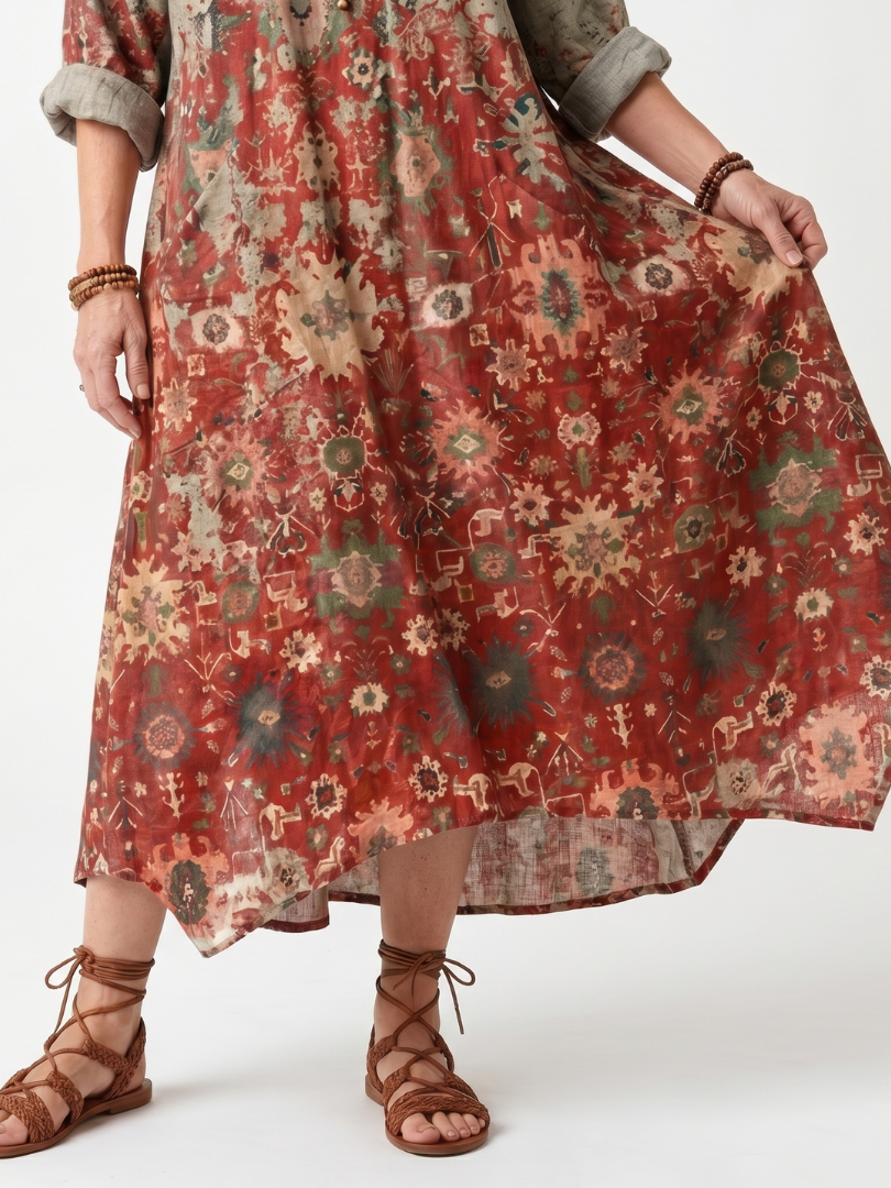 Saffron™ | Vestido Midi Relajado con Motivo Mixto y Bolsillos
