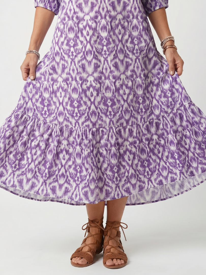 Penelope™ | Vestido Midi Estampado con Nudo y Pompones