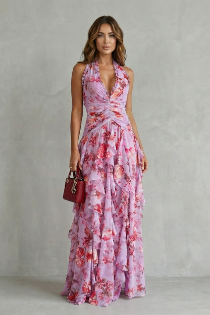 Beatriz™ | Vestido Largo de rosas con Escote Halter