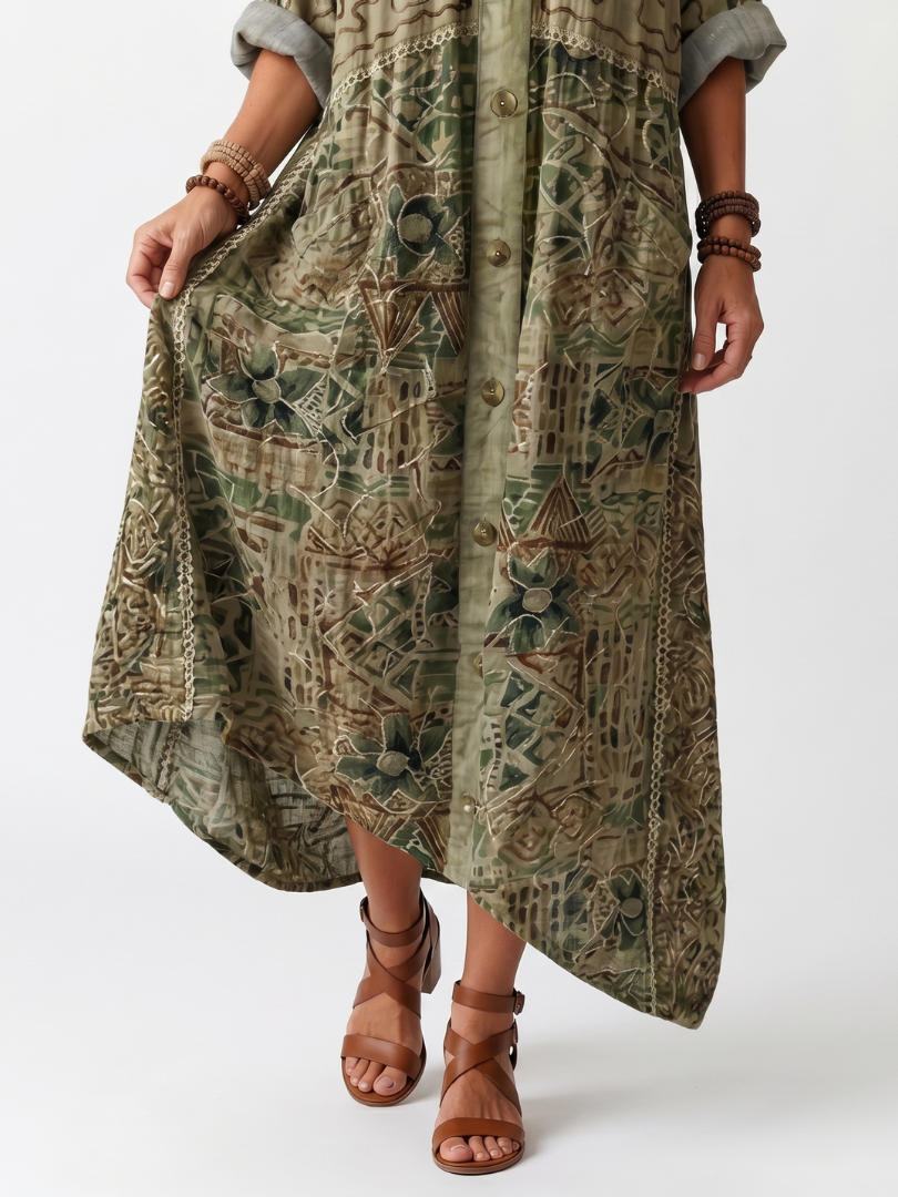 Aleta™ | Vestido Midi Oversize con Botones y Bordado
