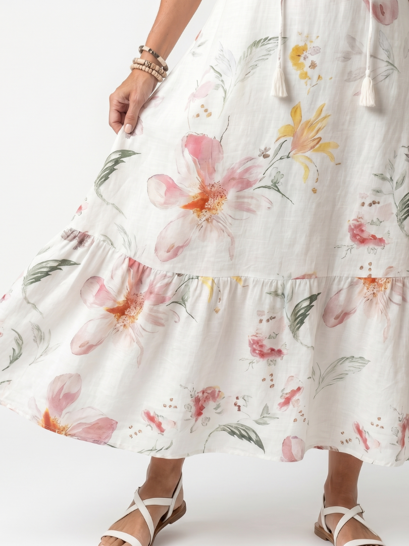 Noa™ | Vestido Midi Floral Escalonado con Nudo y Pompones