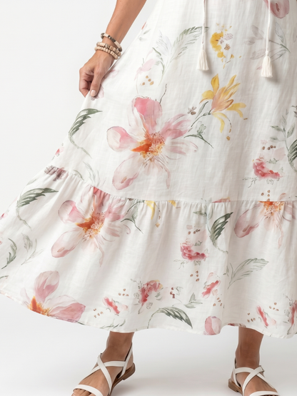 Noa™ | Vestido Midi Floral Escalonado con Nudo y Pompones