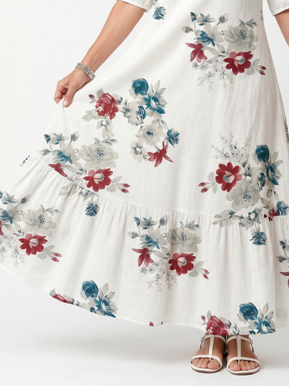 Maeva™ | Vestido Midi Floral Disperso con Nudo y Pompones