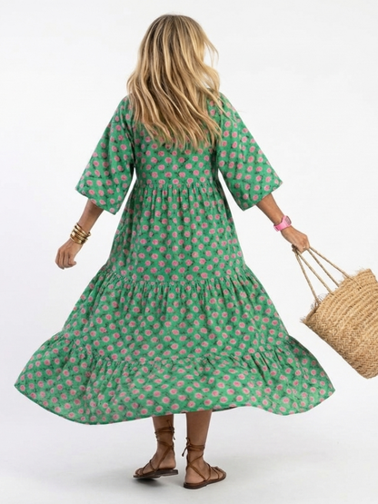 Fiora™ | Vestido Midi Floral con Cuello en V y Volantes Escalonados