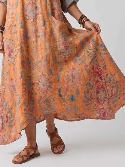 Remi™ | Vestido Midi Oversize Estampado con Cuello Muesca y Bolsillos