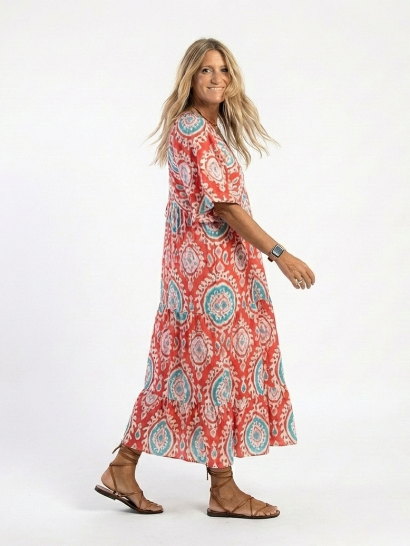 Zaria™ | Vestido Midi de Manga Corta con Estampado Cachemir