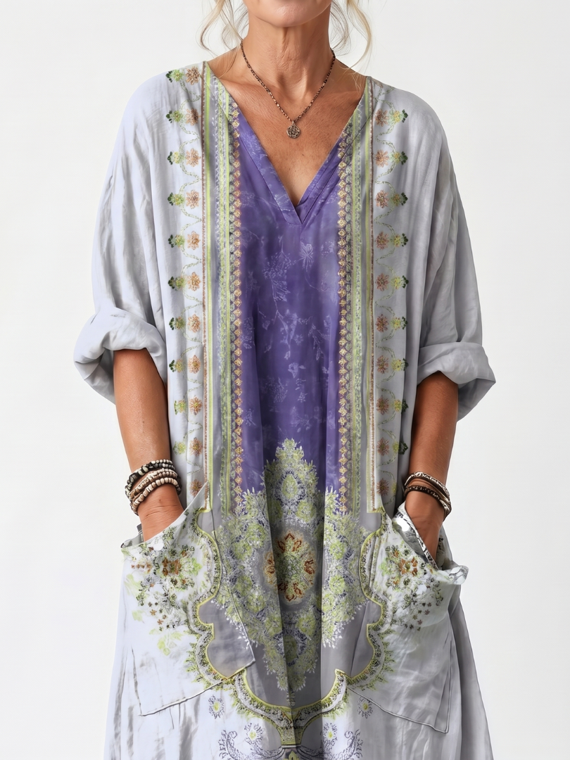 Raina™ | Vestido Midi Oversize con Panel Bordado Contrastante y Bolsillos