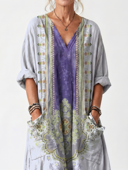 Raina™ | Vestido Midi Oversize con Panel Bordado Contrastante y Bolsillos