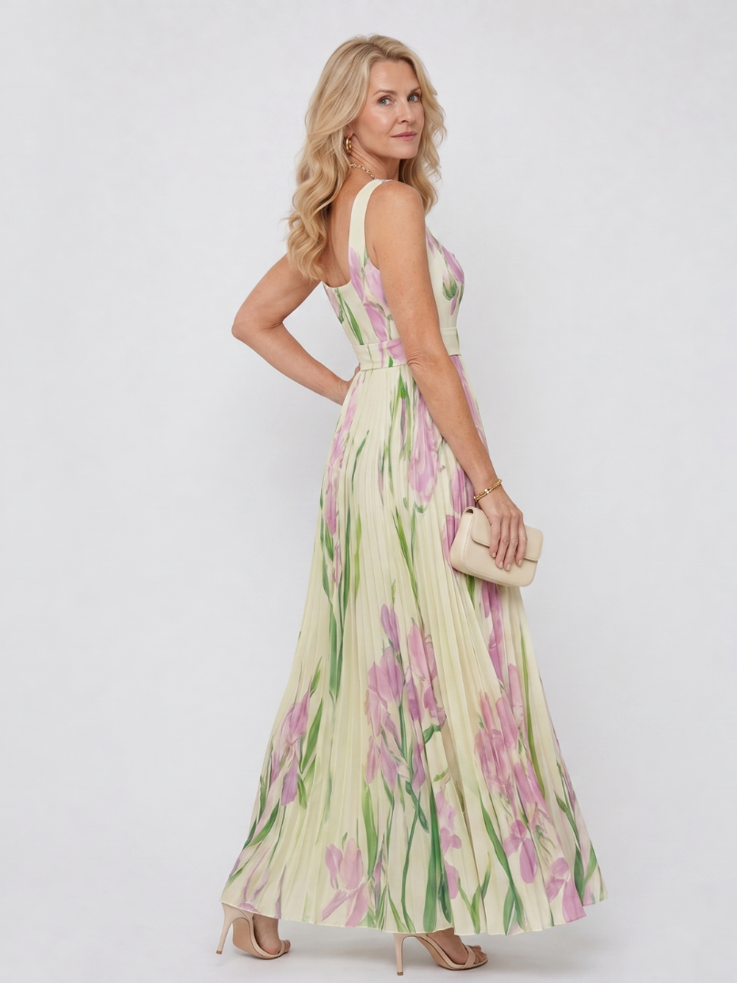 Vestido Midi Sin Mangas en Satén con Escote Cuadrado y Pliegues Elegantes