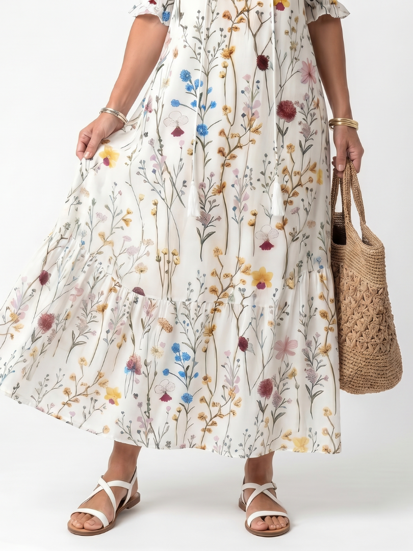 Sylvie™ | Vestido Midi Botánico con Nudo y Pompones