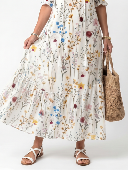 Sylvie™ | Vestido Midi Botánico con Nudo y Pompones