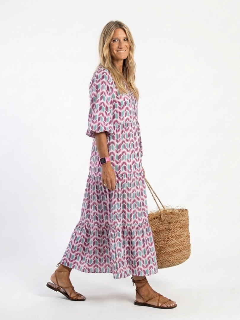 Mireya™ | Vestido Midi Escalonado de Manga Larga con Estampado Geométrico