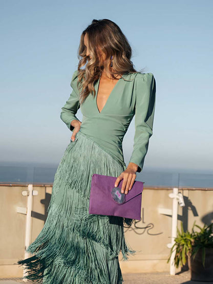 Vestido Evasé con Flecos Elegantes