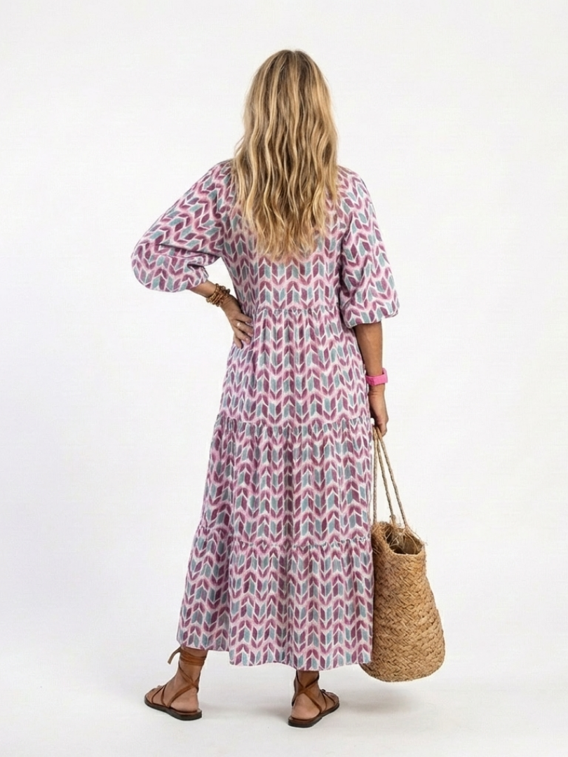 Mireya™ | Vestido Midi Escalonado de Manga Larga con Estampado Geométrico
